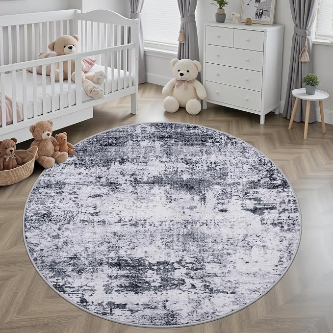 Round Area Rug Living Room: 4 ft Modern Washable Carpet Grey | - Image 3