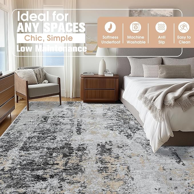 9x12 Area Rugs for Living Room Washable Bedroom Dining Room Black Grey Gold | - Image 7