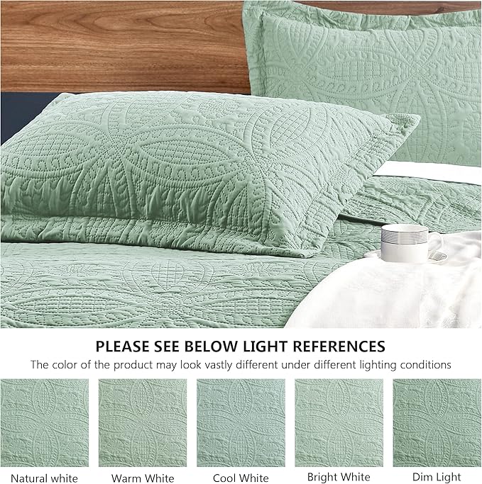 Love's cabin King Size Quilt Set Sage Bedspreads - Soft Bed Summer Lightweight Bedspread Comforter - Modern Style Coin Pattern Coverlet for All Season - 3 Pieces (1 Quilt, 2 Pillow Shams)