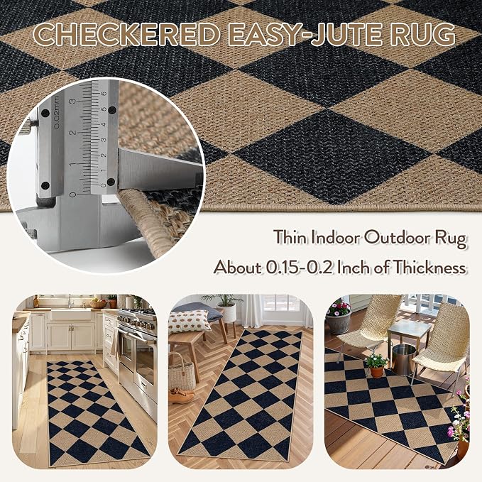 Lahome Checkered Easy Jute Outdoor Runner Rug, 2x6 Kitchen Rugs Washable | - Image 4