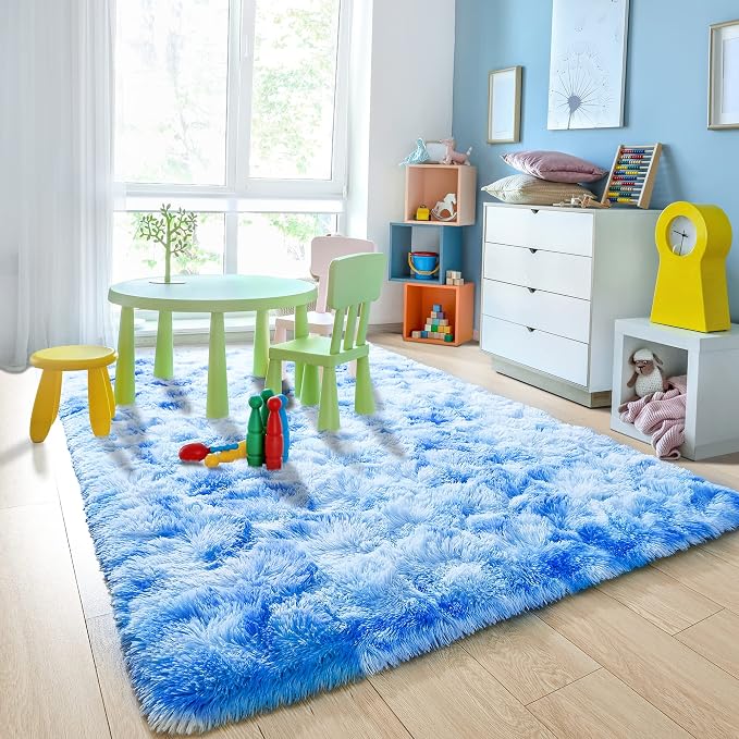 5x7 Tie-Dyed Blue Fluffy Soft Area Rug Non-Slip - Image 7