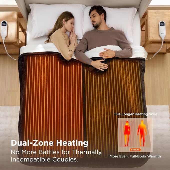 Bedsure Heated Blanket Queen Size, Dual Control Electric Blanket, 6 Heat/6 - Image 3