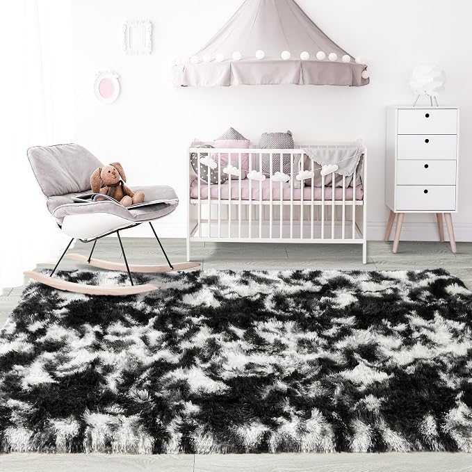 8x10 Extra Large Tie-Dyed Black and White Fluffy Area Rug Non-Slip - Image 7