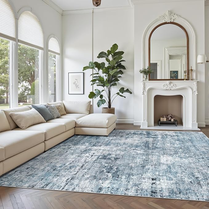 Soalmost Abstract Rug 8x10 Large Living Room Area Rugs Washable Blue/Grey | - Image 2