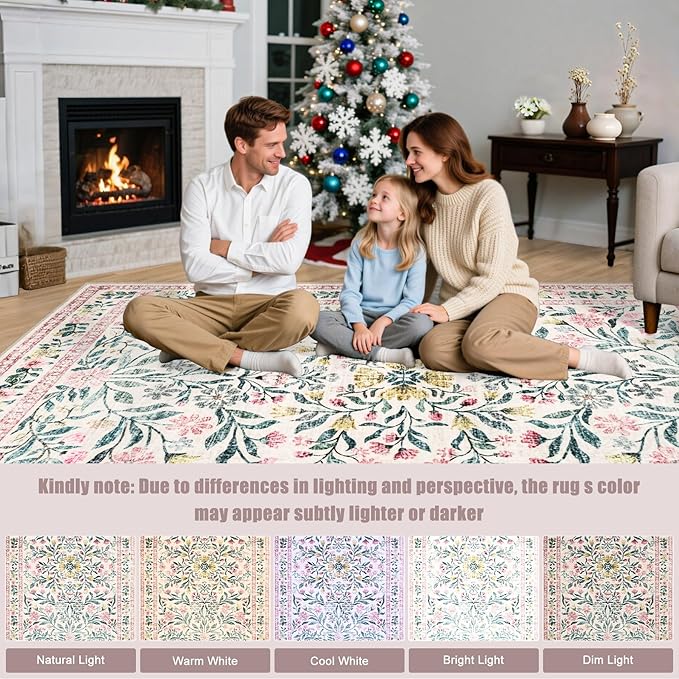PLHXFR Area Rug Living Room: 3x5 Floral Washable Boho Carpet Pink Green | - Image 9