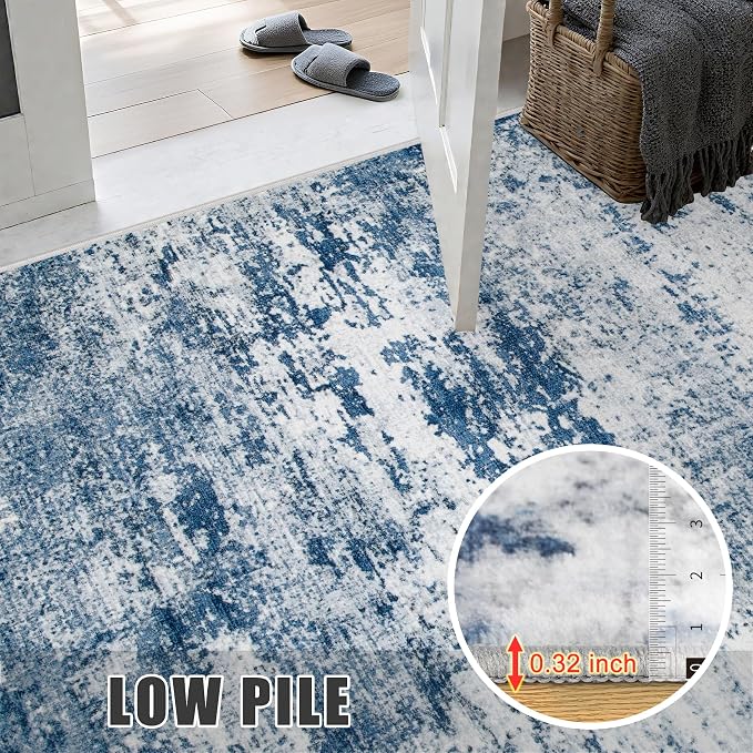 3x14 Washable Runner Rug：Modern Abstract Kitchen Soft Carpet Blue | - Image 7