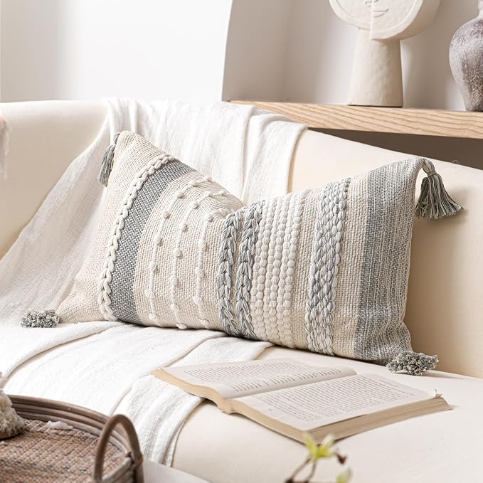 Gray Decorative Lumbar Pillow Cover 14x24, Farmhouse Lumbar Throw Pillow by BlissBlush