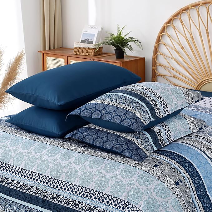 Boho Comforter Set Full Size,8 Pieces Navy Blue Bohemian Striped Bed in a Bag,Paisley Soft Microfiber Bedding Comforter Set