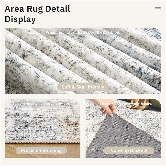 Soalmost 5x7 Area Rugs Blue/Ivory Low Pile Washable Trendy Faded Style Rug | - Image 6