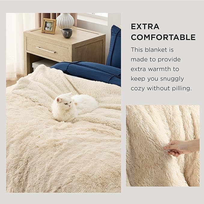 Bedsure GentleSoft Fuzzy Sherpa Faux Fur Blanket Beige Cozy Gifts for Women Men, Soft Fleece Plush Warm Minky Thick Blanket Twin Size for Couch, Room Decor Dorm Bed Essentials Beige Decor, 60x80