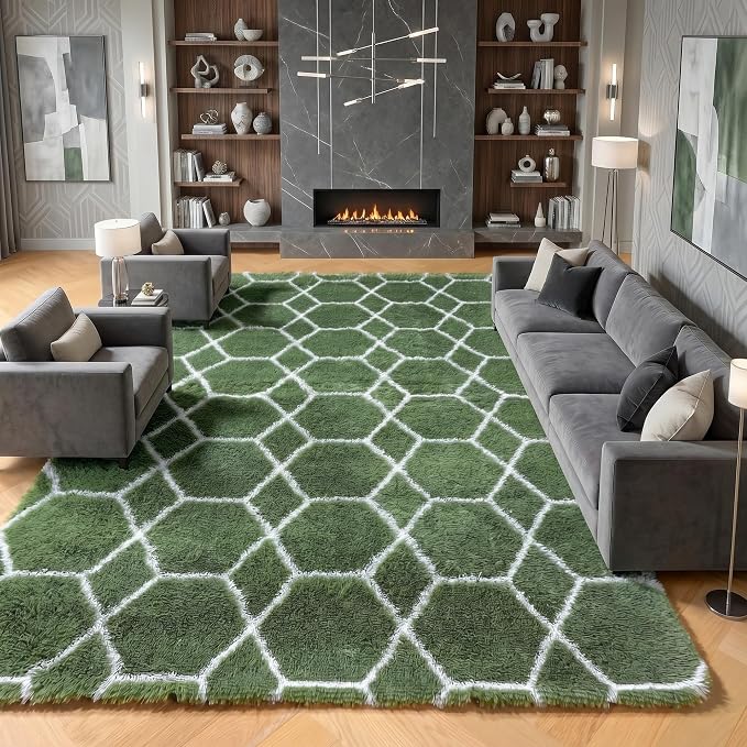 6x9 Area Rugs for Living Room Bedroom, Fluffy Olive Green and White Rug | by ONASAR
