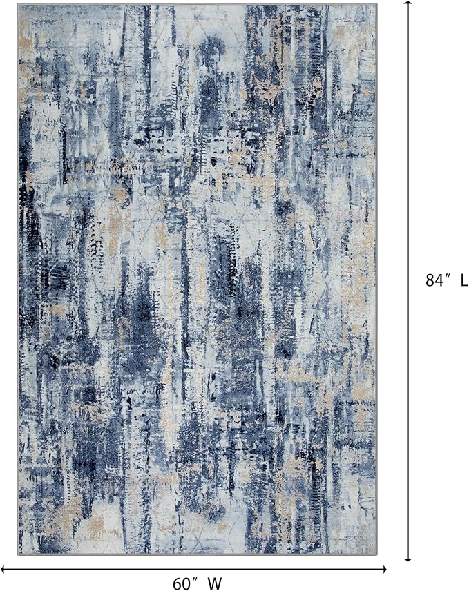 5x7 Area Rugs for Living Room: Washable Abstract Blue Gold Badroom Carpet | - Image 2