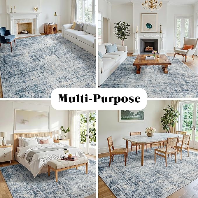 8x10 Washable Area Rug for Living Room Bedroom: Non-Slip Modern Blue Gold | - Image 3