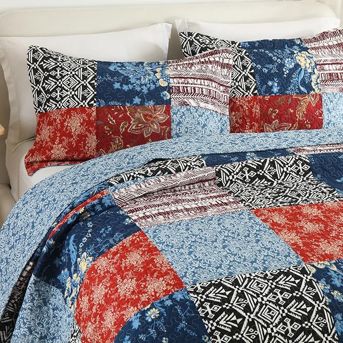 Secgo King Comforter Set for Bed - 100% Cotton Quilts Queen Size, Black Bedspreads (98 * 106 Inch) with 2 Pillow Shams, Patchwork Reversible Lightweight Bedding