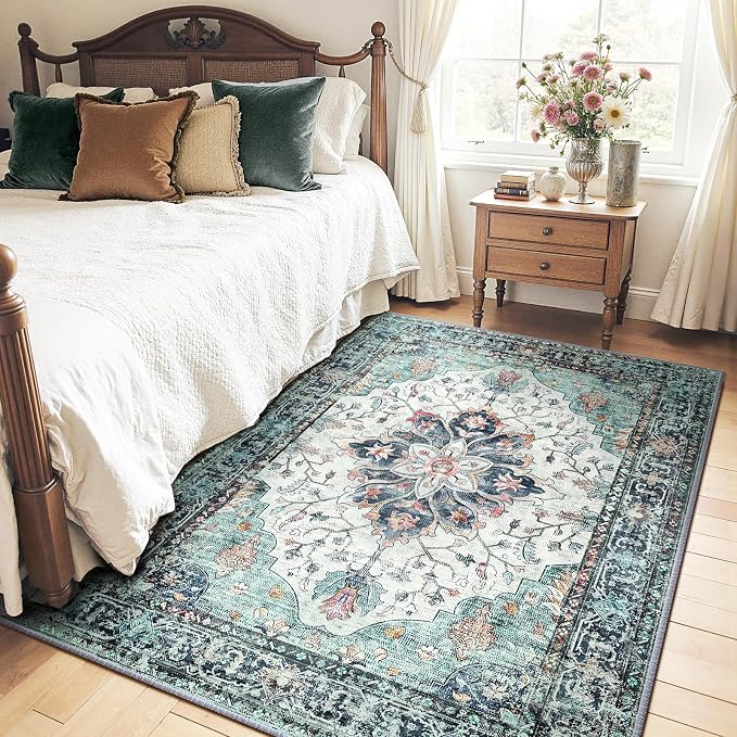 RELEANY Washable Area Rug, Teal Green/White/Navy | Non-Slip, Water Repellent - Image 3