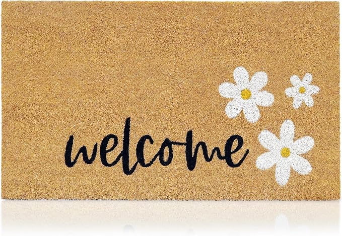 Coir Welcome Mat, Welcome Daisies, 17 x 29 in | 100% Natural Coir, Anti-Shedding by AmaruDoorMats