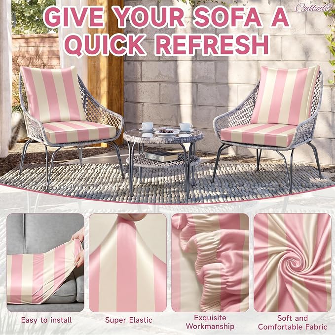 CALBODE 14 Pcs Stretch Outdoor Seat Cushion Covers, Washable Striped Chair Seat - Image 4