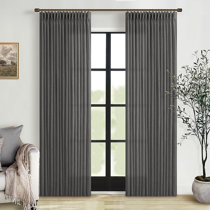 Pinch Pleat Flax Linen Semi Sheer Memory Shape Curtains Charcoal Grey 50x84 | by Twodrapes
