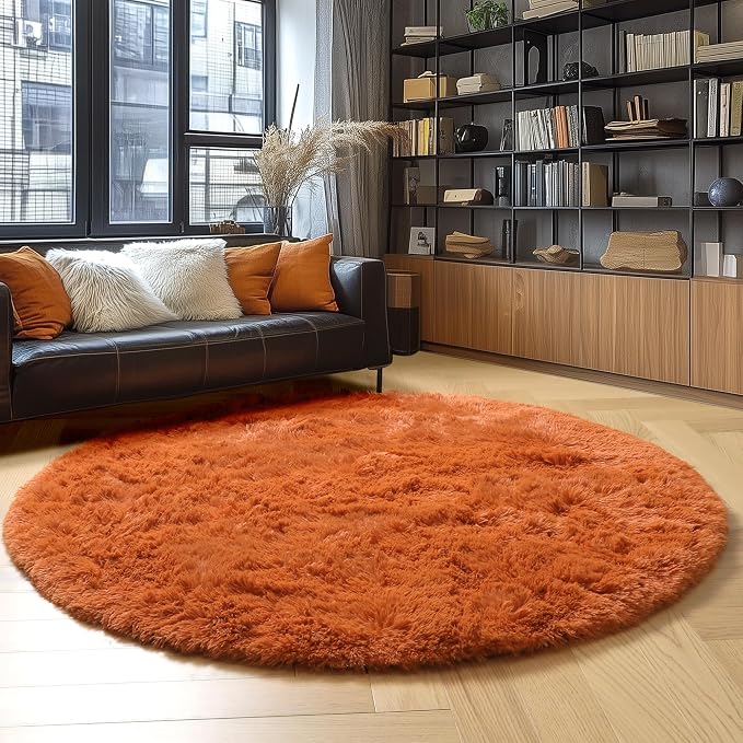 Amdrebio Burnt Orange Shag Plush Big Round Rug 6Ft - Image 3