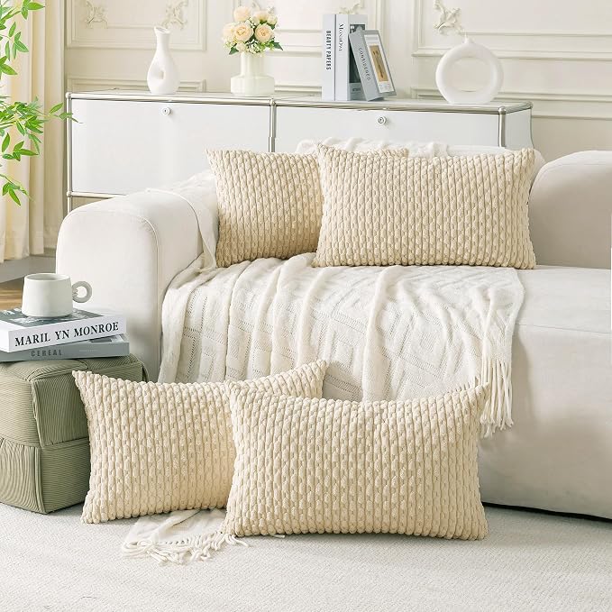 Set of 4 Beige Decorative Throw Pillow Covers 12x20 Inch Corduroy Pillow Covers by Cozoomy