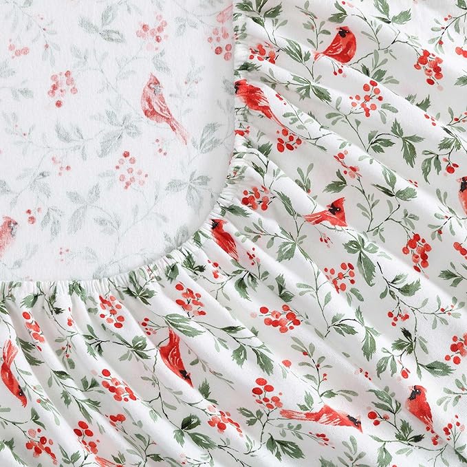 Laura Ashley - Flannel Sheets Twin Size, Anti-Pilling & Wrinkle Resistant Cotton, Touchably Soft for All-Season Comfort - Bed Sheets with Matching Pillowcase & Fitted Sheet (Jolly Cardinals Green)
