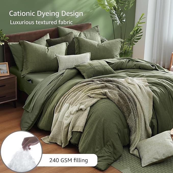 Monbix King Size Comforter Set, Olive Green King Bed Set Reversible, King Size Comforter Set 7 Pieces, Cationic Dyeing Bed in a Bag with Comforter, Sheets, Pillowcases & Shams