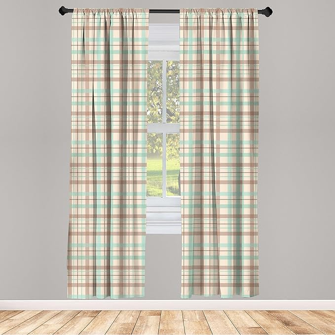 Ambesonne Plaid Window Curtains, Scottish Country Style Tartan with Abstract Design Diagonal Striped Lines, Lightweight Decor 2-Panel Set with Rod Pocket, Pair of - 28" x 84", Mint Green