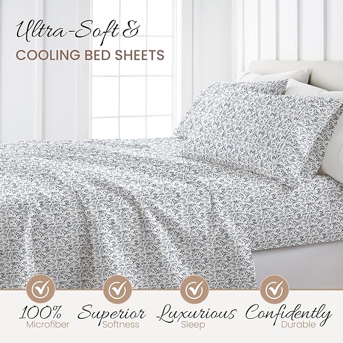 Linen Market Double-Brushed Patterned Microfiber California King Sheet Set 4 Piece – OEKO-TEX Certified Ultra Soft & Wrinkle-Free - 16" Deep Pocket Sheets Easy Care Cal-King Size - Burst of Vines Navy
