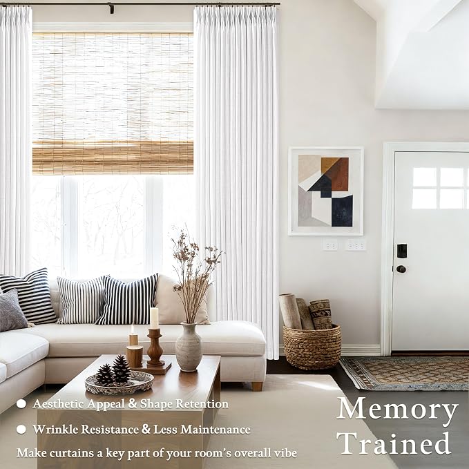 White Thick Linen Pinch Pleated Semi Sheer Curtains 132 Inches Long 2 Panel | - Image 2