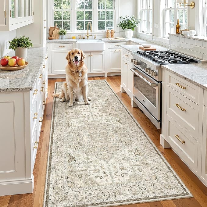 Madane Hallway Runner 3x8, Kitchen Rugs Washable Entry Rug, Ivory/Brown | by Madane