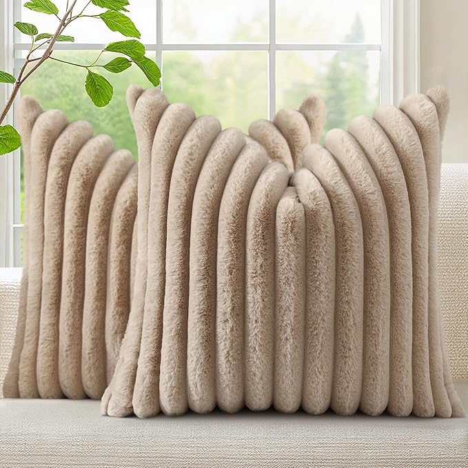 decorUhome Fall Faux Fur Throw Pillow Covers 20x20 Set of 2 Khaki Brown | by decorUhome