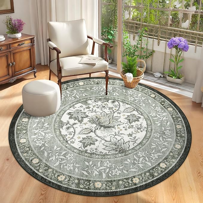 GarveeHome Provence Fog Gray Botanical Grove 6ft Round Rug, Small Circle - Image 2