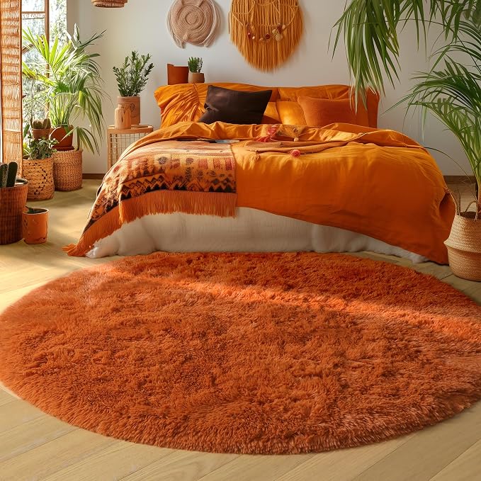 Amdrebio Burnt Orange Shag Plush Big Round Rug 6Ft - Image 5