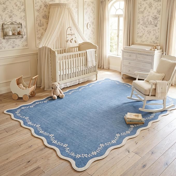 GarveeHome 4x6 Scalloped Washable Area Rug Blue Nursery Kids Bedroom Rug | Soft by GarveeHome