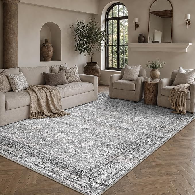Schweek Grey 5x7 Area Rug for Living Room Washable Vintage Neutral Rugs | Non by Schweek