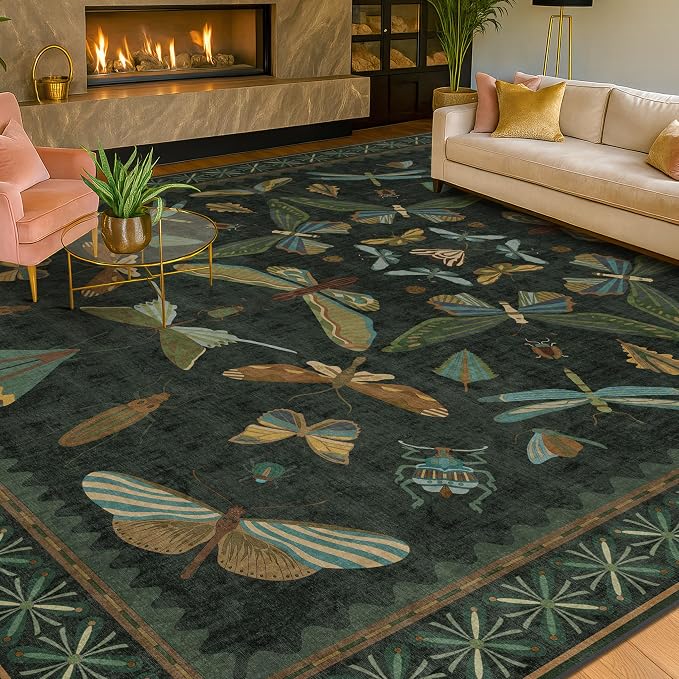7x9 Insect Dark Green Rugs for Living Room, Boho & Forest Design Area Rug for by HazoHaus