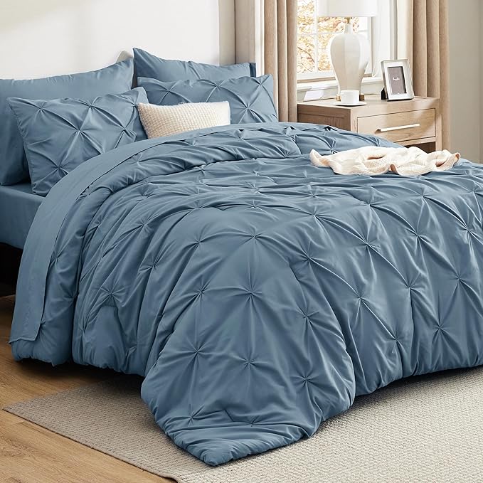 Bedsure King Size Comforter Set Mineral Blue - Bed in a Bag Bedding Set 7 Pieces, GentleSoft™ Pintuck Bed Set Gift for Family, Pinch Pleat Mineral Blue Comforter with Sheets, Pillowcases & Shams