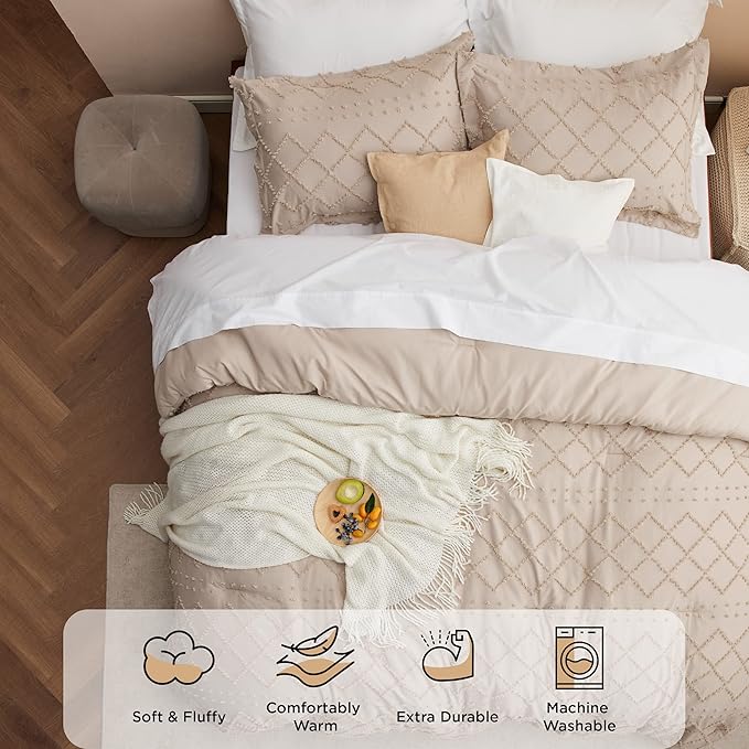 Bedsure King Comforter Set - Warm Tan Comforter, Boho Tufted Shabby Chic Bedding for Kids, 3 Pieces Vintage Farmhouse Bed Set for All Seasons, Fluffy Soft Bedding with 2 Pillow Shams