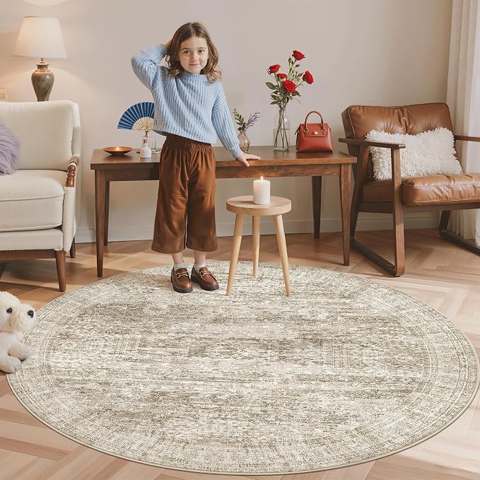 Soalmost 5x5 Brown Round Rug 6ft Circle Living Room Area Rugs Non-Slip | by Soalmost