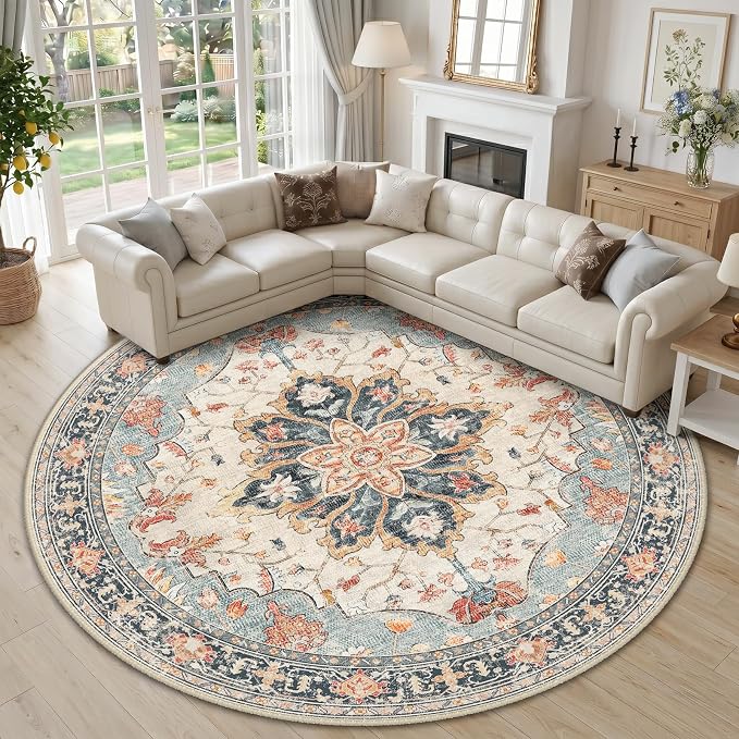 RELEANY Washable Area Rug, Round 10ft, Water Repellent, Pet Friendly, Vintage by RELEANY