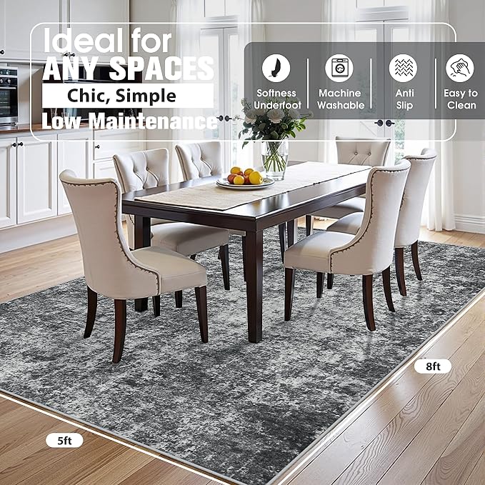 5x8 Area Rugs for Living Room Washable Bedroom Dining Room Black Grey | Modern - Image 2