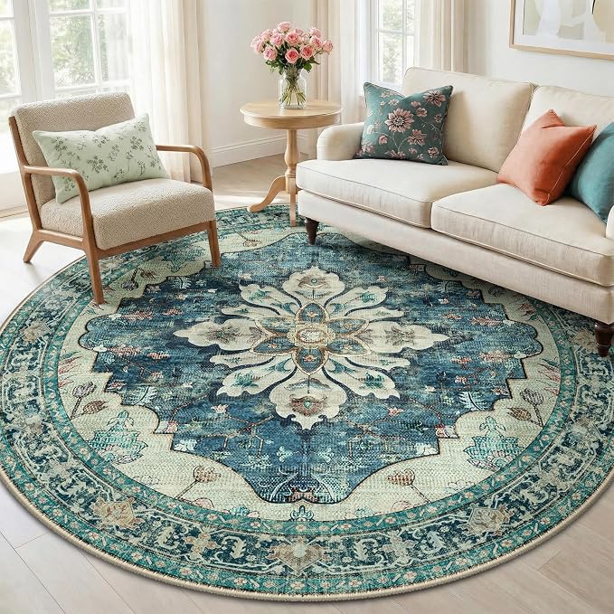RELEANY Washable Area Rug, Round 6ft, Water Repellent, Pet Friendly, Vintage by RELEANY