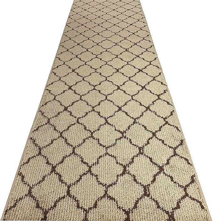 Custom Size Modern Runner Rug Carpet for Hallway Entryway Foyer Kitchen, Slip Resistant Latex Rubber Backed 31 inch Wide X Customized Length, Trellis Beige, 31 inch X 9 feet