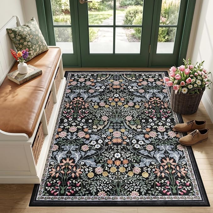 PLHXFR Area Rug Living Room: 3x5 Floral Washable Boho Carpet Dark Black | by PLHXFRSoftAreaRugs