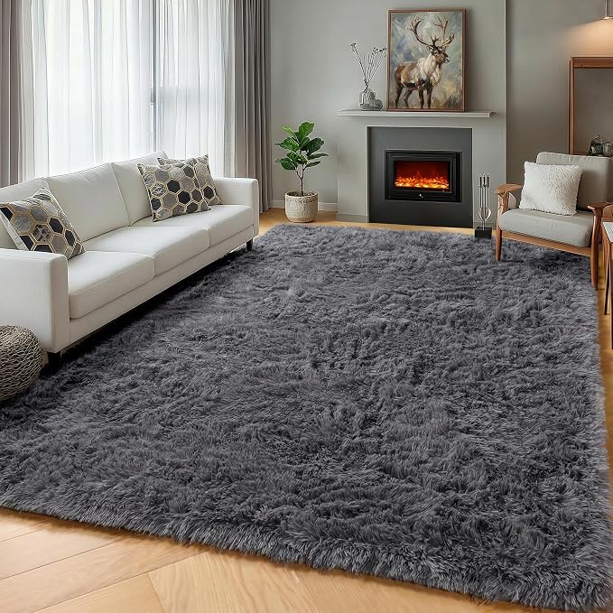 Grey Area Rugs for Living Room, 5x8 Gray Fluffy Shag Bedroom Rug, Ultra Soft by ONASAR