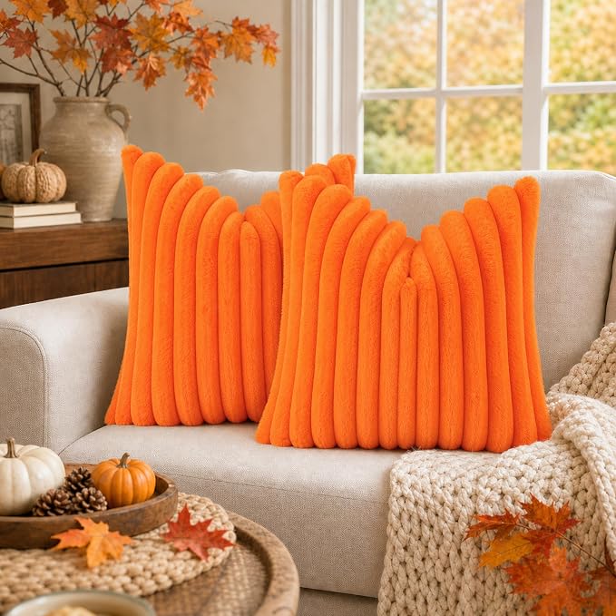 decorUhome Fall Faux Fur Throw Pillow Covers 24x24 Set of 2 Orange | Decorative - Image 7