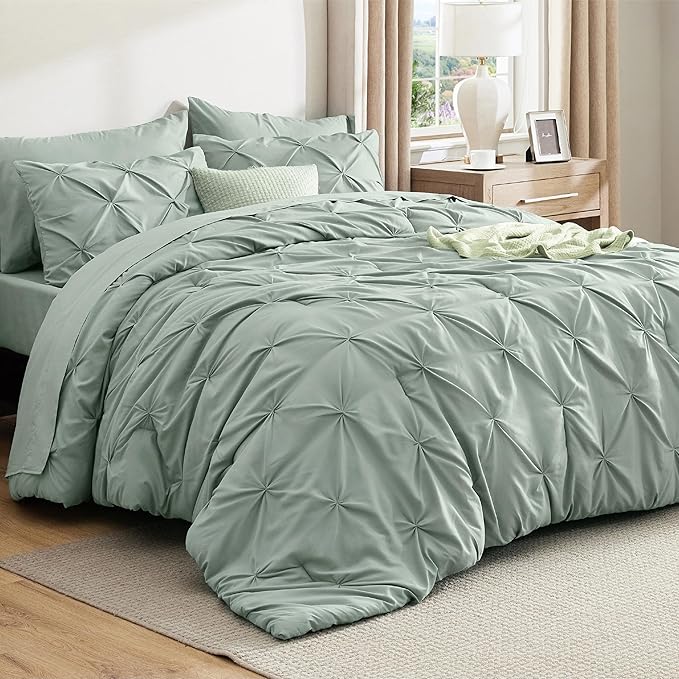 Bedsure Full Size Comforter Sets - Bedding Sets Full 7 Pieces, Pintuck Bed in a Bag Sage Green Bed Set with Comforter, Sheets, Pillowcases & Shams