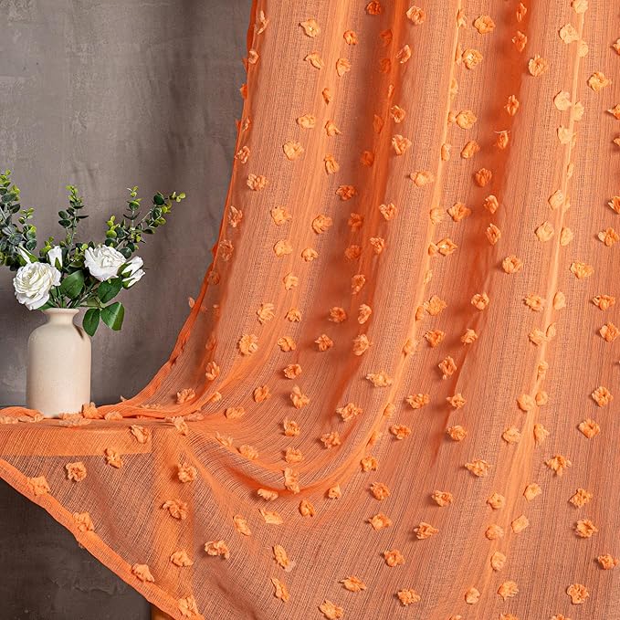 MYSKY HOME Pom Pom Orange Sheer Curtains for Living Room Bedroom Light Filtering Semi-Sheer Curtains for Nursery Girls Kids Room Boho Rod Pocket Voile Draperies Orange 52 x 108 inch 2 Panels