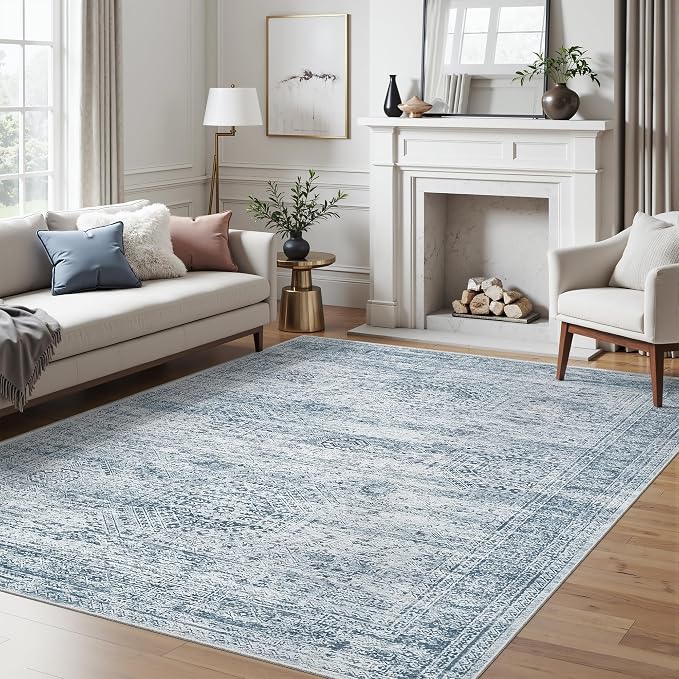 Soalmost 5x7 Area Rugs Blue Low Pile Washable Trendy Faded Style Rug | Vintage - Image 2