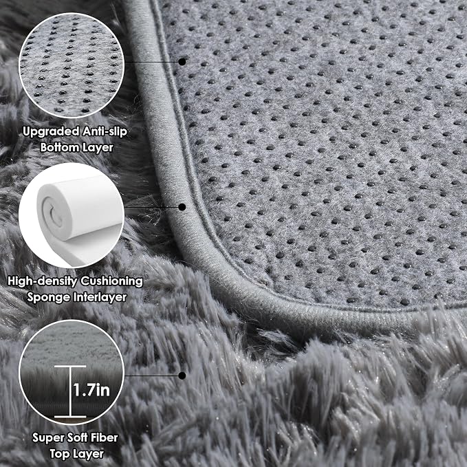 Grey 3x5 Rugs for Bedroom, Fluffy Gray Bedside Area Rug, Ultra Soft Shaggy - Image 3